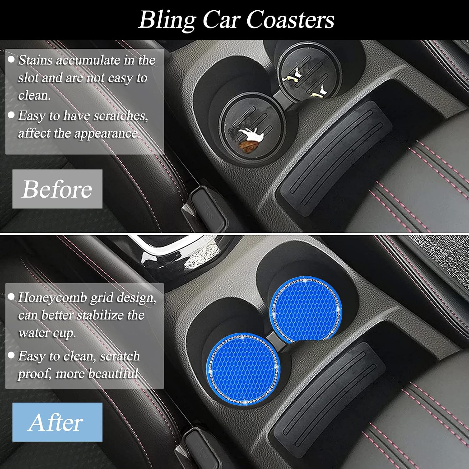 WenMei 1 Set 9 Pieces Fluffy Car Accessories Set, Includes Fluffy Fuzzy Steering Wheel Cover Set Seat Belt Cover Rhinestone Ring Sticker Plush Keychain 2 Bling Car Coaster for Car Decor (Royal Blue) image 4