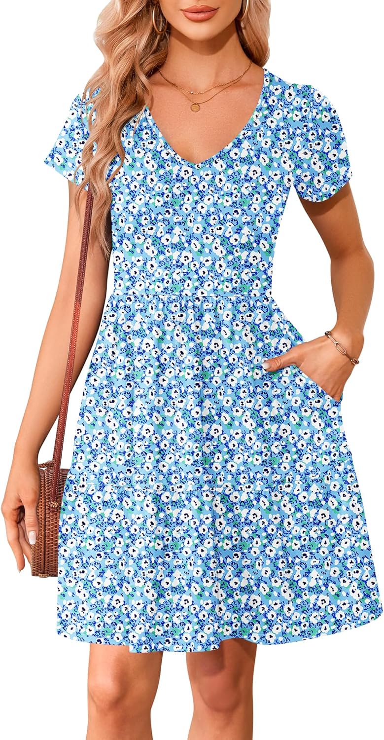 AUSELILY Women Summer Dress Casual Short Sleeve Sundress V Neck Floral Tiered Beach Dresses with Pockets - Image 4