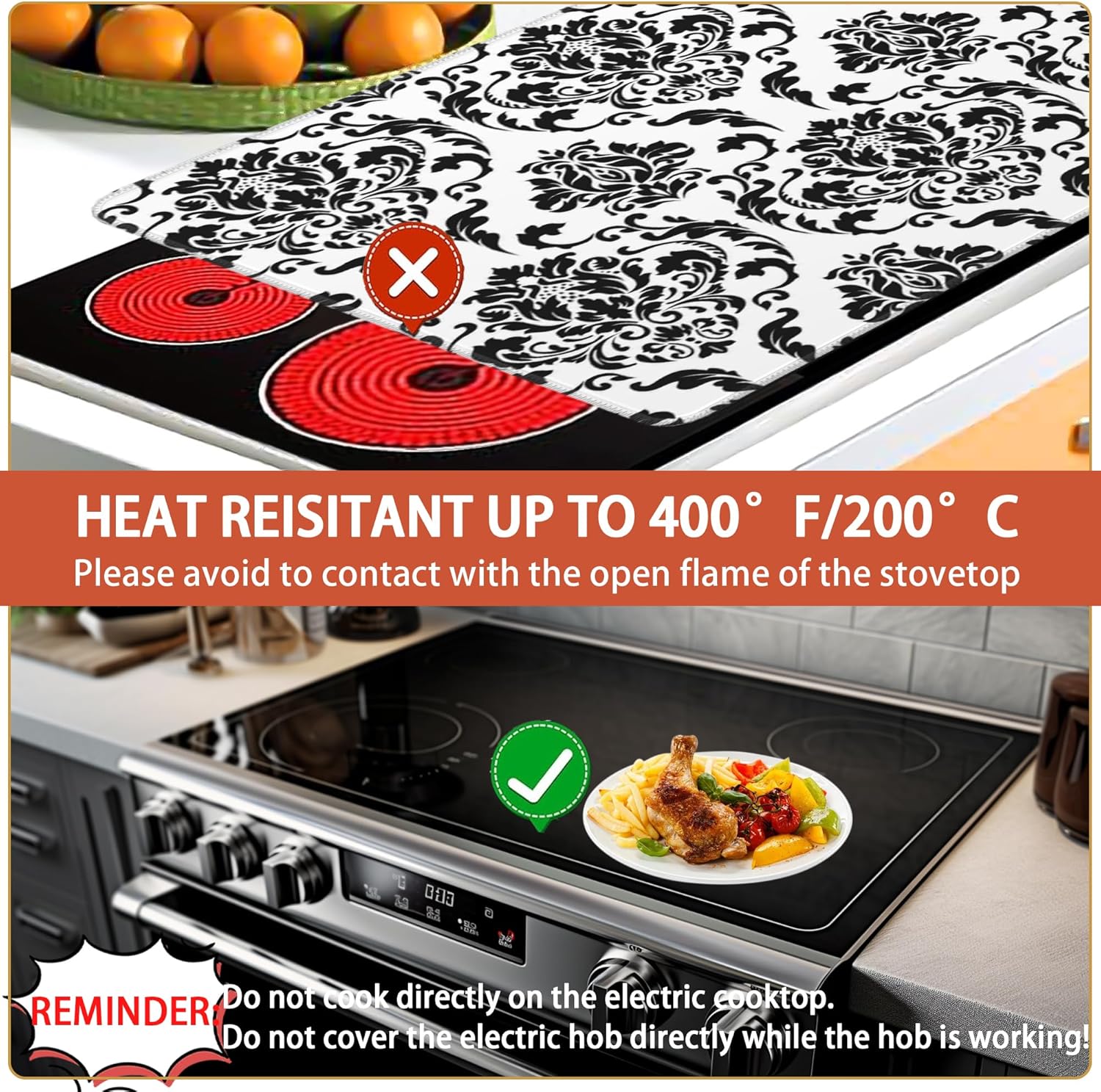 White Black Boho Floral Electric Stove Top Cover Protector-Vintage Glass Flat Top Stove Mat Oven Induction Cooktop Mats for Countertop Mats Heat-Resistant Dish Drying Mat