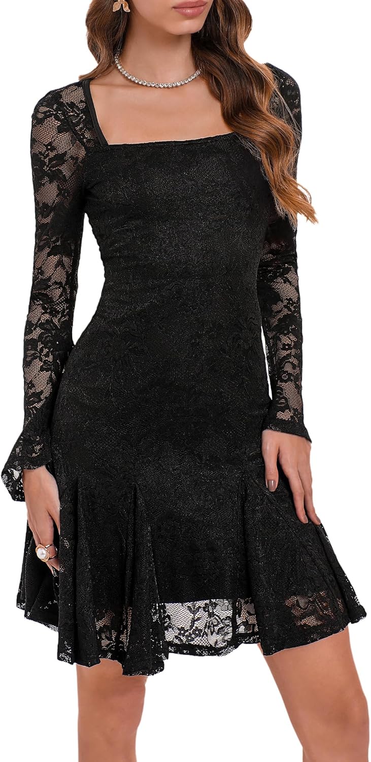 HYPERFIRE Women's Square Neck Floral Lace Mini Dress Flowy Short Dress Mesh Night Out Dresses Club Outfit - Image 3