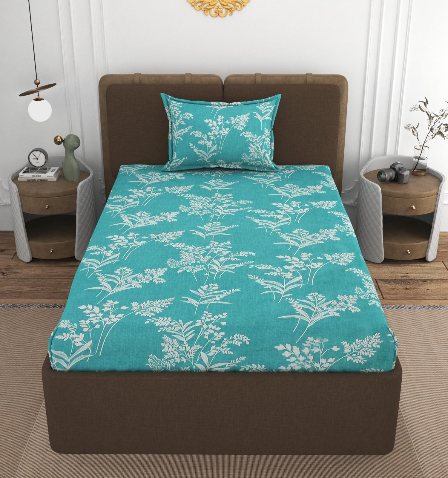 VOMZER Premium 320 TC Fitted Bed Sheet with Full Elastic - Deep Pocket Design - Wrinkle Resistant Fitted Bedsheet 36x72 Single Aqua Lily