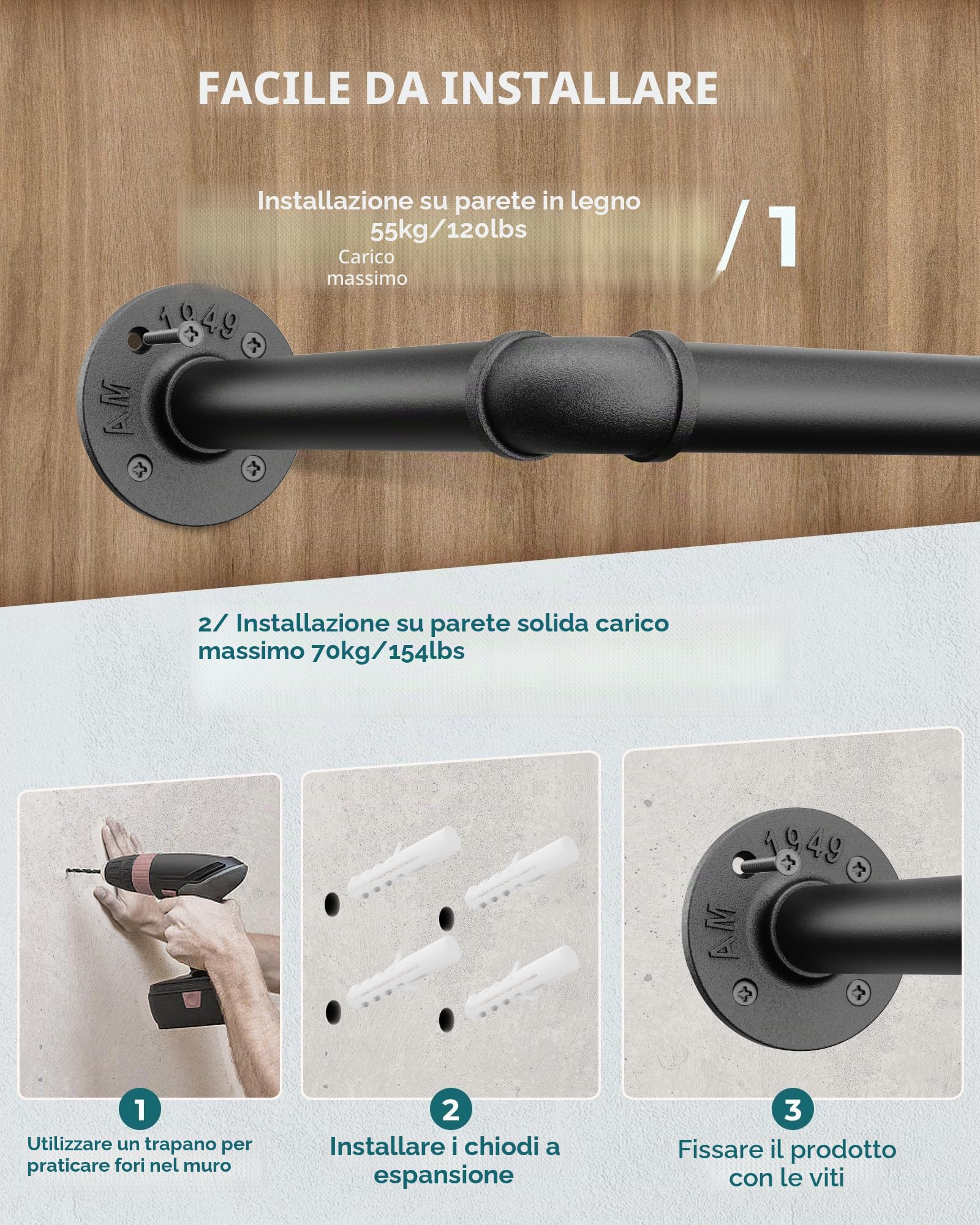 OROPY Set di 2 Penderia per Abiti Industriale, Barra di Metallo Retrò Rimovibile da 167 cm a Parete per Appendere i Vestiti, Penderia Robusta per lo Stoccaggio in Camera da Letto, Nero (3 Basi)