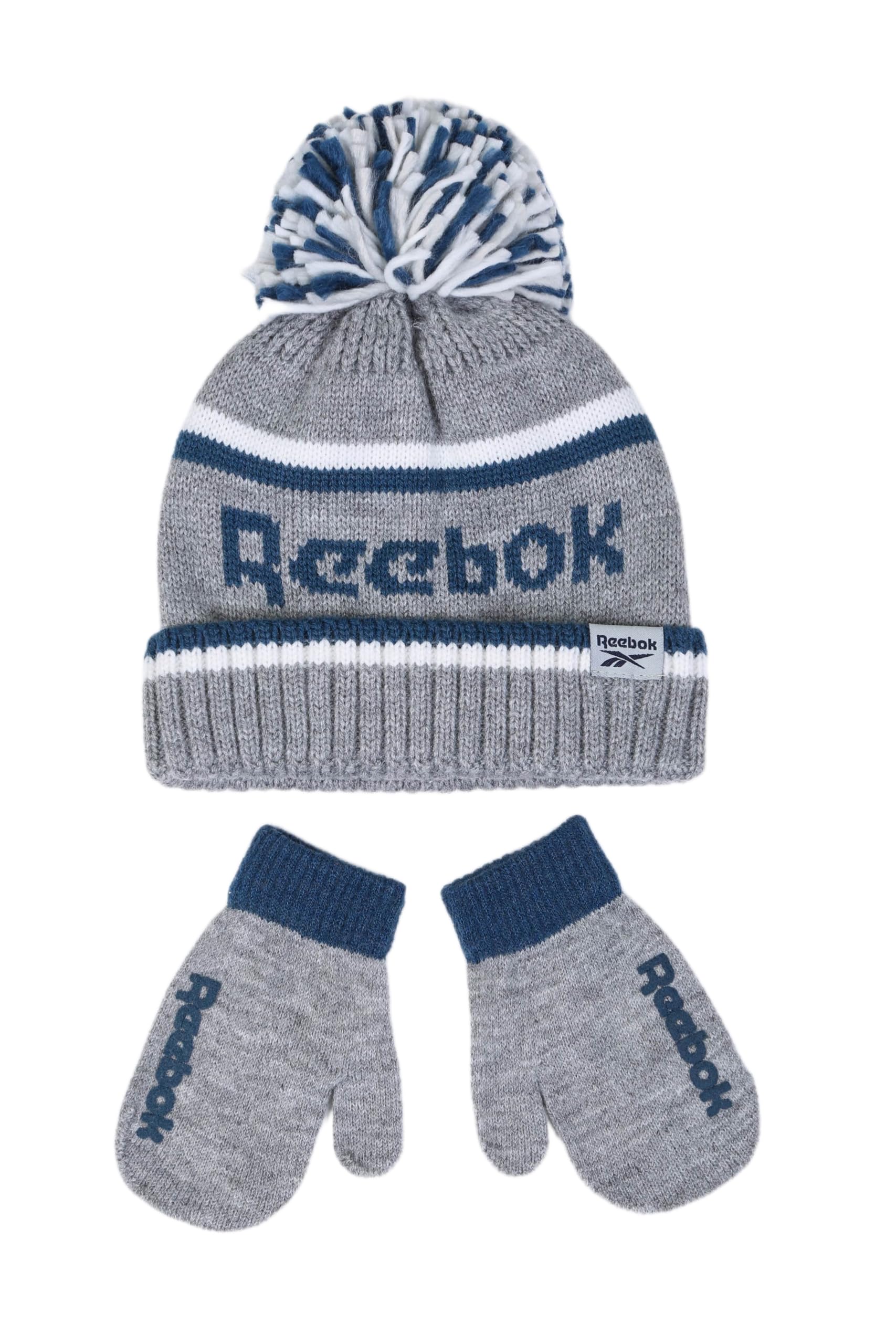 Reebok 2-Piece Baby Winter Hat and Gripped Mittens - Warm Knitted Pom Beanie & Anti-Slip Gloves - Unisex Cold Weather Accessories, Multi/6-12 Months