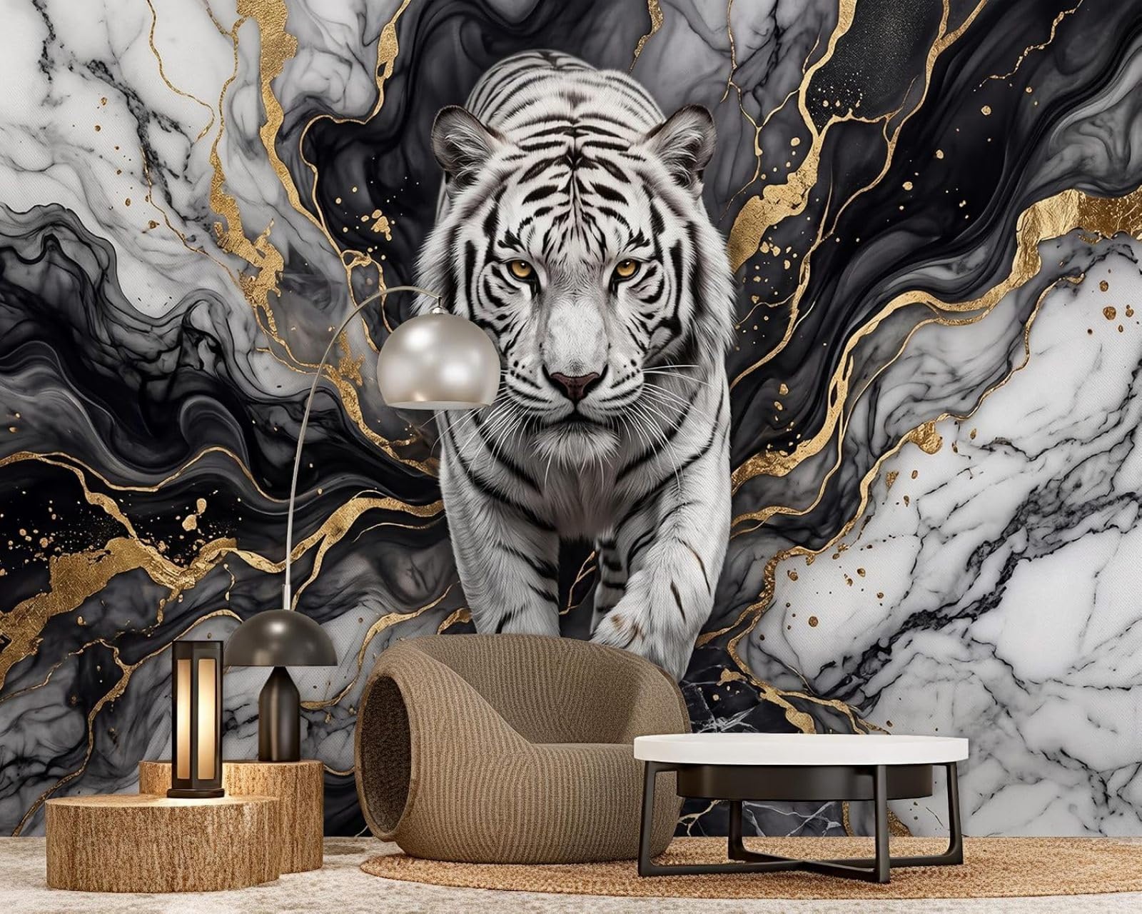 Hgjdjhnf 3D Mural Photo Mural - Wallpaper White Tiger 3D Marble Black Gold Non-Woven Modern Wall Mural Living Room Bedroom Dining Room Wall Decor Motif, 150Cm X 105Cm Poster - Wall Sticker - Frameless Picture