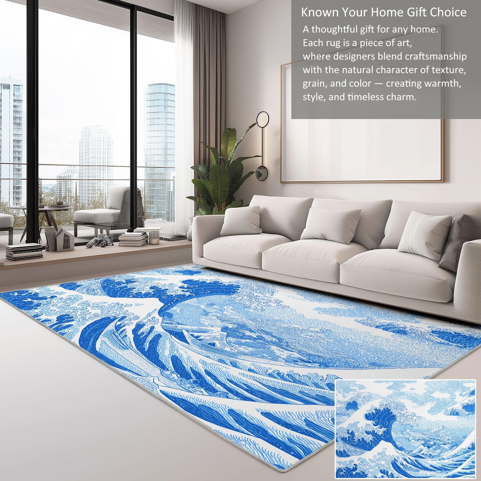 Tapis Poils Courts Moderne Vagues Bleues De L'Océan 80x150cm Tapis Salon Lavables Antidérapant Doux, Effet Impression 3D, pour Chambre Cuisine Salle à Manger Bureau