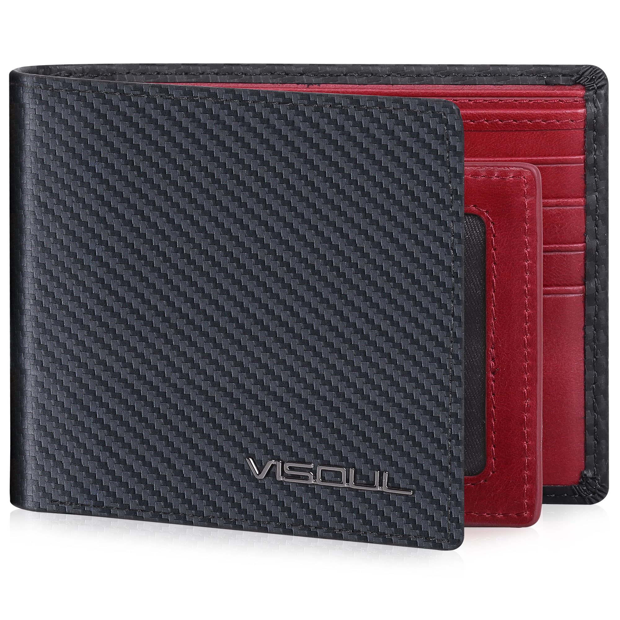 VISOUL Portefeuille Cuir Véritable pour Homme avec Blocage RFID, Classique Bifold Porte Feuille en Cuir avec 2 Compartiment à Billets, 10 Fente pour Carte et 2 ID Fenêtre (Carbone Noir+Rouge)