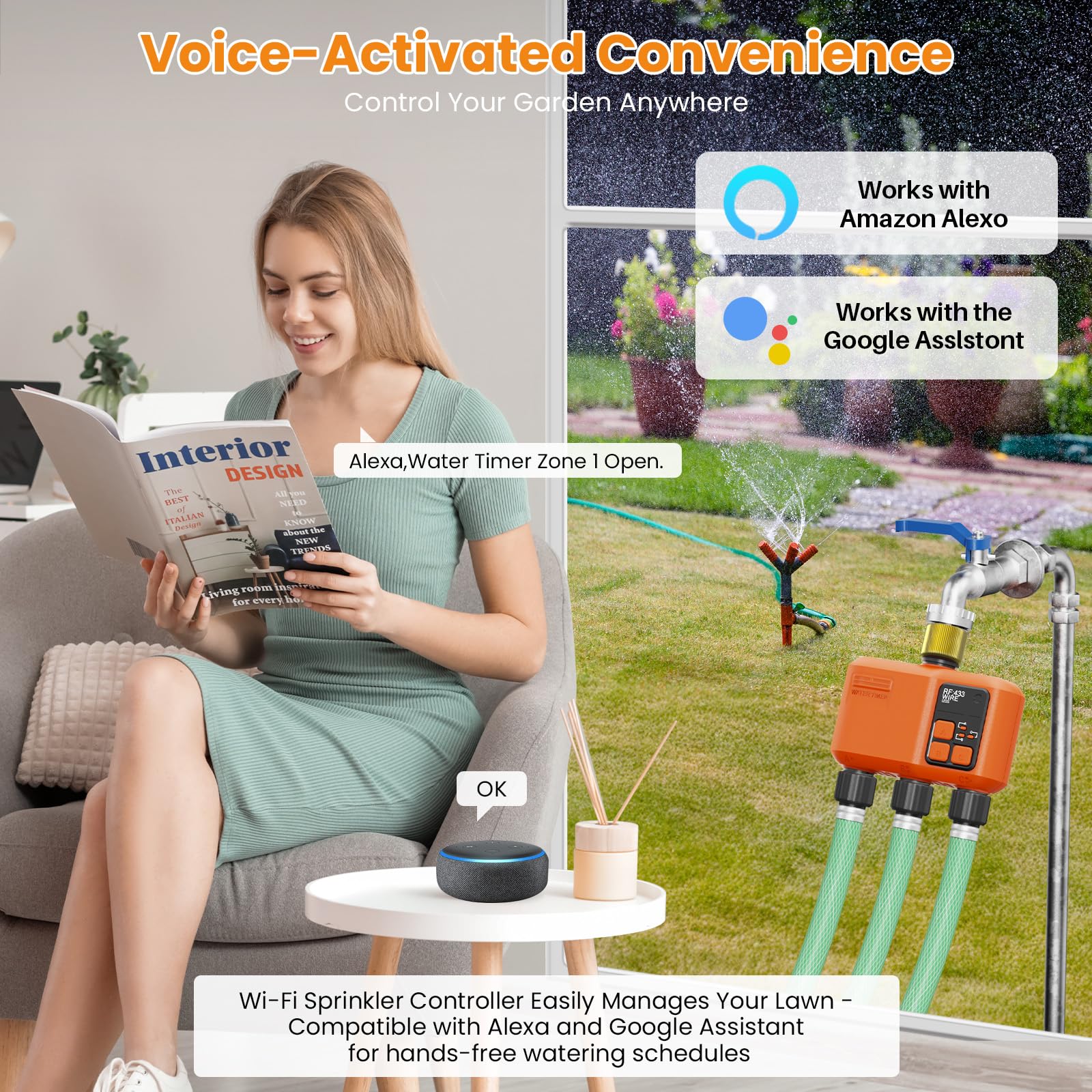 Timer intelligente WiFi a 3 zone, timer dell'acqua WiFi per tubo da giardino con portata di 984 m, app e telecomando, compatibile con Alexa e Google Voice, ritardo pioggia, sistema di irrigazione