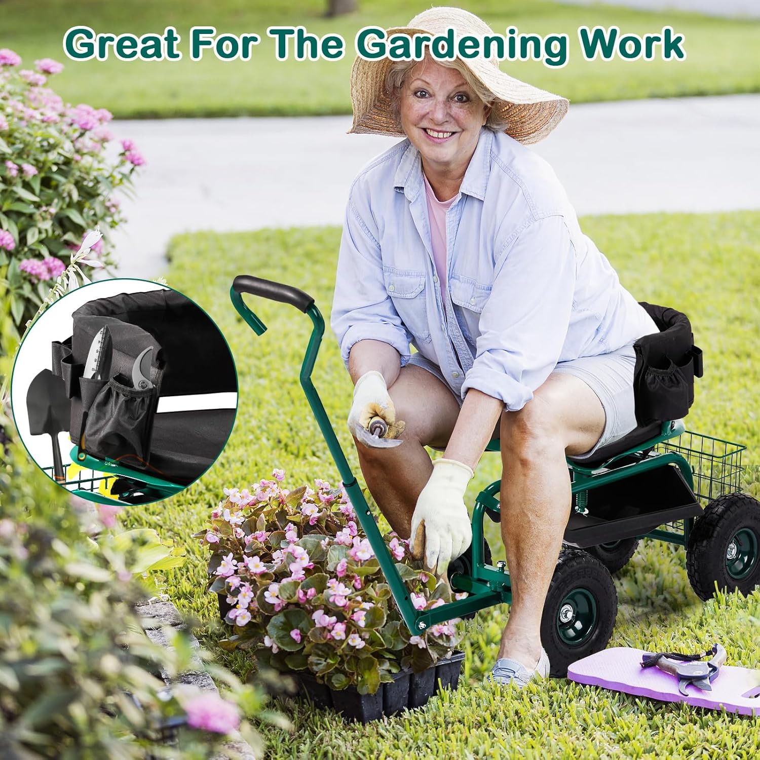 Bonnlo Rolling Garden Cart with Seat, Extendable Handle Gardening Stool with Wheels, Rustproof Rolling Work Seat with Extra Storage Space for Gardening/Planting/Outdoor (Green)