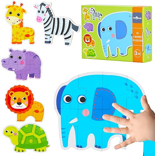 FLYINGSEEDS 6 Packs Safari Animals Shaped Wooden Jigsaw Puzzles for