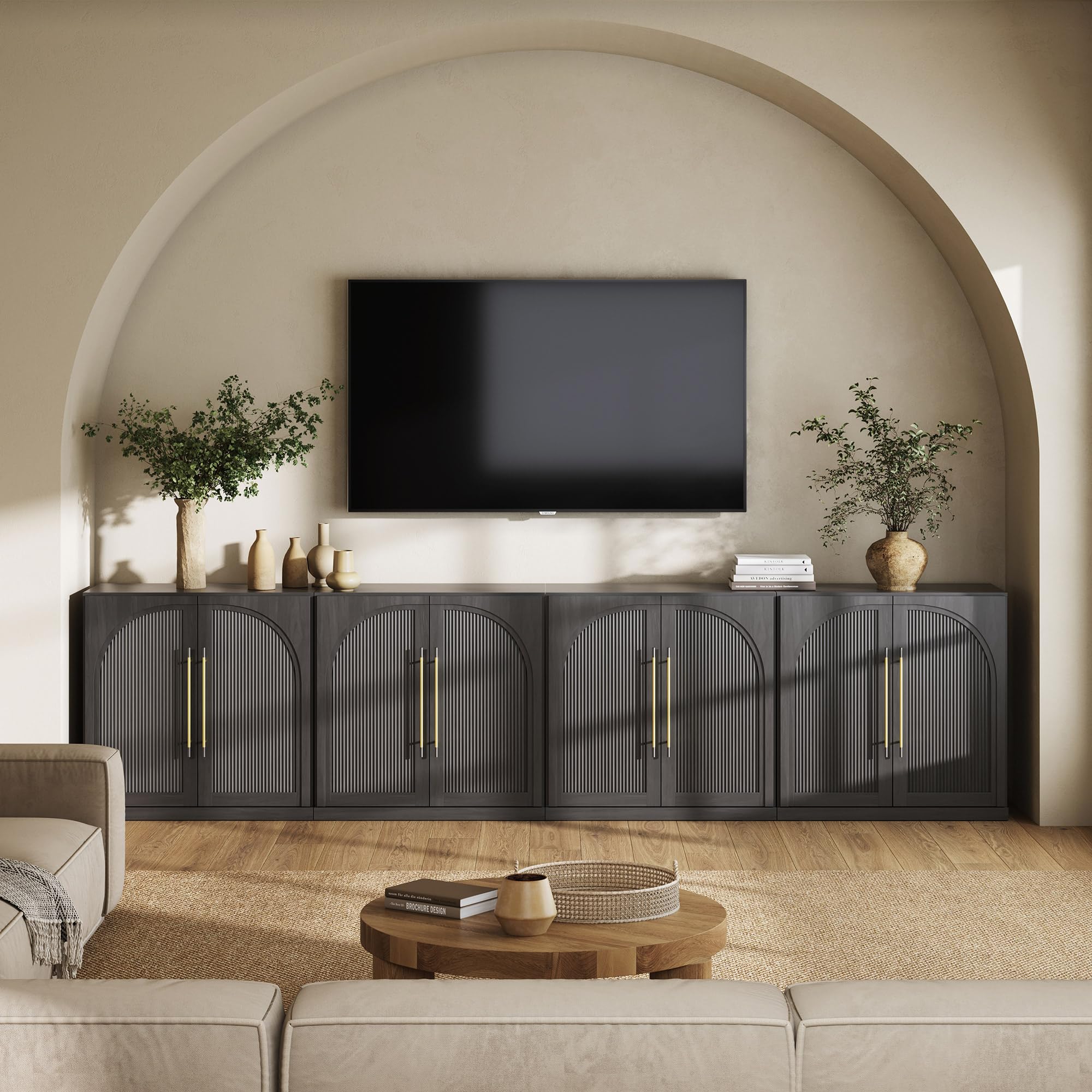 BELLEZE 65 Inch Fluted Buffet Cabinet with Storage, Symmetrical Arc Accent Sideboard Large Console Table for Dining Room, Kitchen, and Living Room (Camel) — view 39