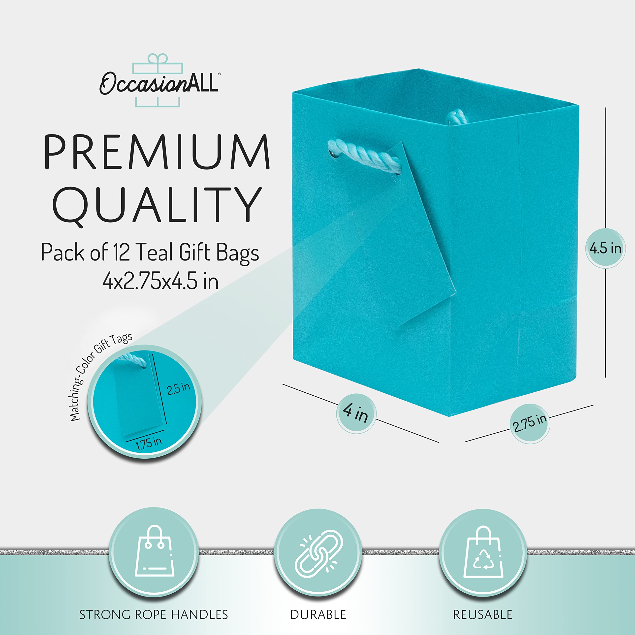 OccasionALL Teal Gift Bags with Handles, Mini Paper Gift Bags for Gift Cards, Weddings, Birthdays, Party Favors, Retail Shopping, Small Business, Events, Bulk, 4x2.75x4.5, 12 Pack