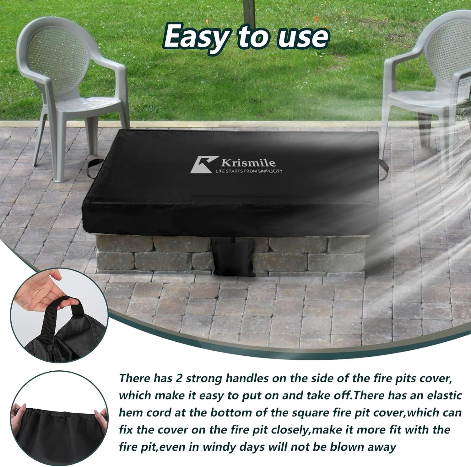 Outdoor Square Built In Fire Pit Cover,Heavy Duty 600D Waterproof Winter Cover with 4 Sandbag for 52"-56"W Square Stone Fire Pit and In Ground Firepit(Only Cover,Black)