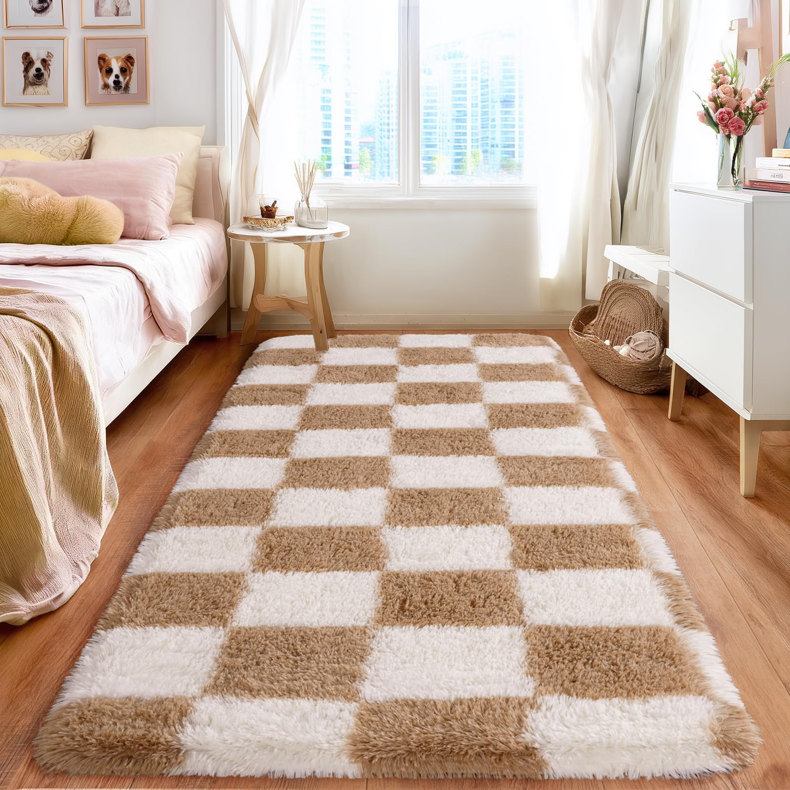 BSGIFT Hochflor Teppich Flauschig Kariert 80x150 Läufer, Plüsch Teppich Shaggy Langflor für Schlafzimmer Wohnzimmer Kinderzimmer, Modern Wohnzimmerteppich Bettvorleger rutschfest, Creme und Braun