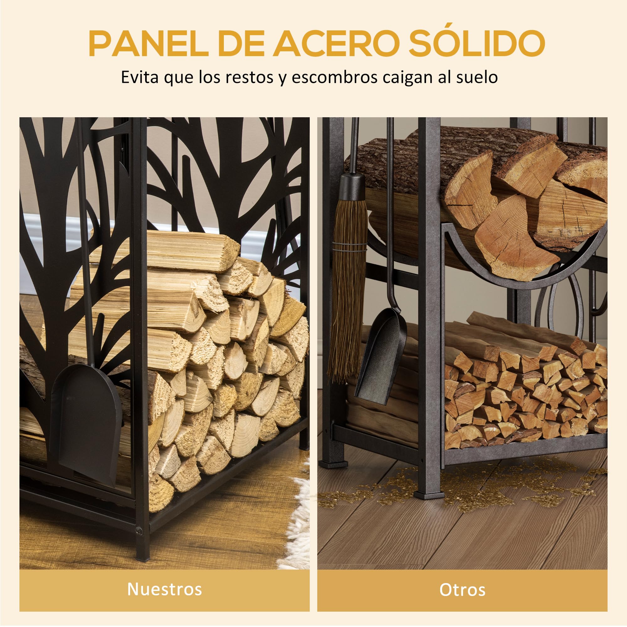 HOMCOM Estante para Leña Estantería de Almacenamiento para Chimenea Soporte para Leña con 4 Herramientas para Interior y Exterior 46x30x70 cm Carga 100 kg Negro