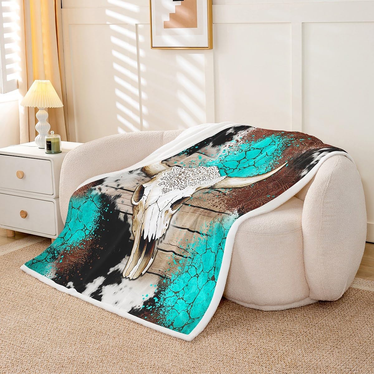 Cowhead Bone Bed Blanket Kids Girls Cowhide Printed Sherpa Blanket Soft Cozy Lightweight Rustic Farmhouse Plush Fleece Paisley Blanket Gifts for Bed Chair Office Sofa(Throw 50"x60")