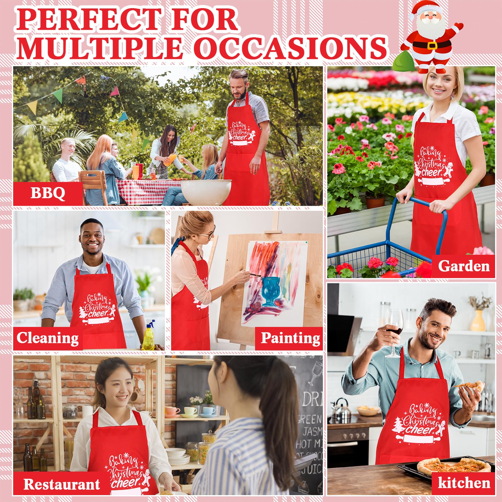 Toulite 12 delantales de Navidad para hombres con 2 bolsillos ajustables, delantal de cocina para mujer, regalos para el hogar, Rojo -, 29.5 x 25.6 inches