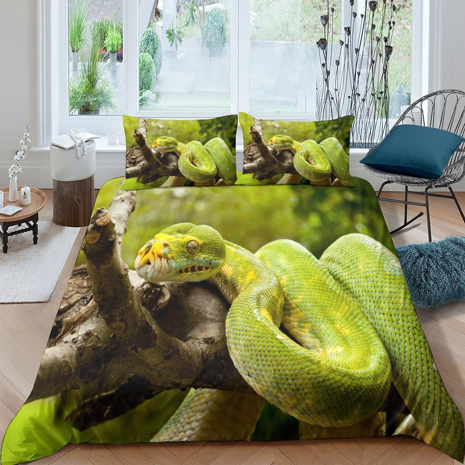 Ctjqhvkz Style-6 3D Printed Green Snake Fitted Sheet Microfiber Soft Breathable Tree Python Mattress Cover For Bedroom Dorm Decor Single（135X200cm）