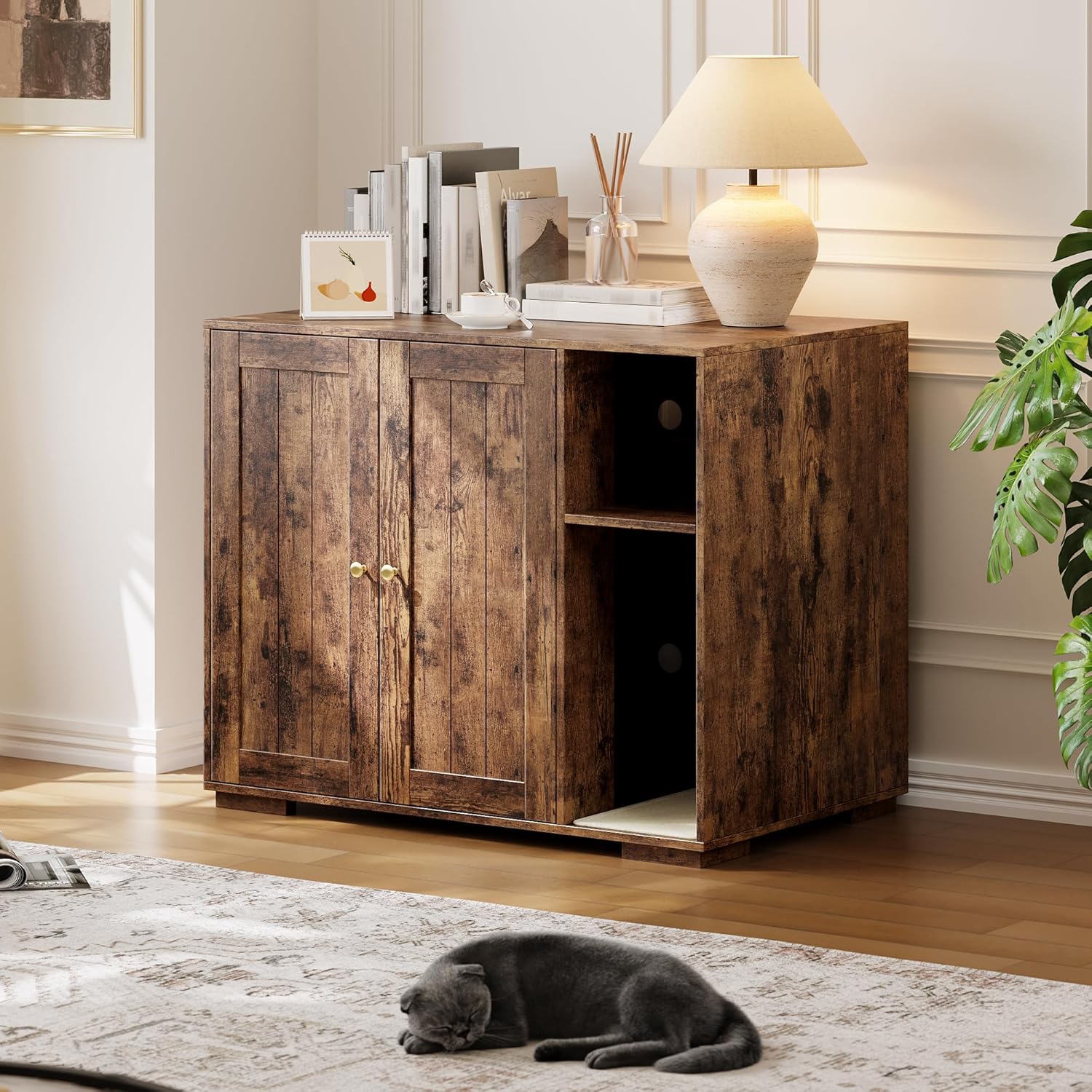 Garvee Dog-Proof Large Cat Litter Box Enclosure with Scratch Pad, Large Automatic Litter Box Furniture for Placing Self-Cleaning Litter Box,Litter Cabinet with Outlet,Space for Cat Stuffs