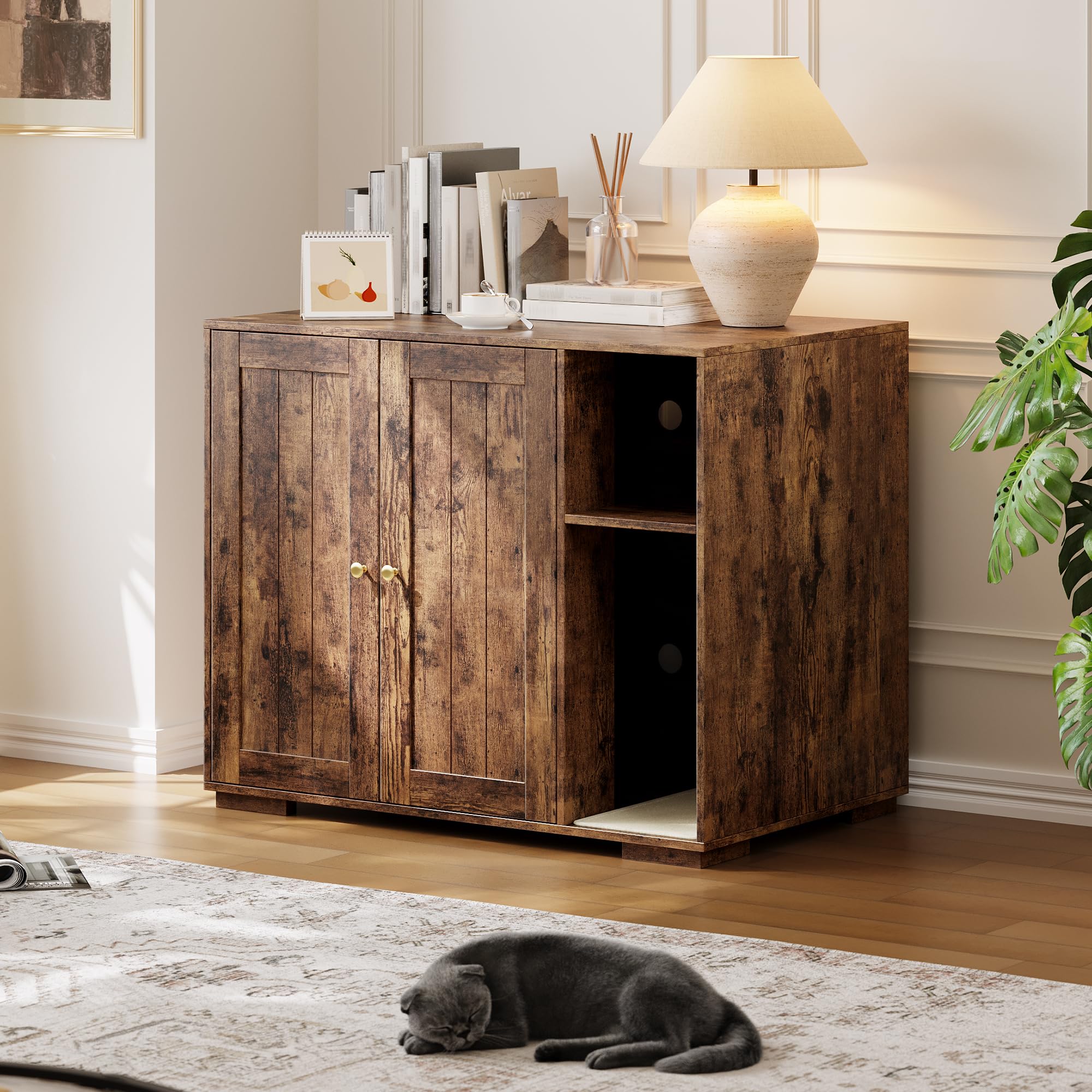 Cat Litter Box Enclosure, Hidden Kitty Washroom for Placing, Wooden Cat House with 2 Doors and Dog-Proof Shelf, Modern Cupboard Side Cabinet for Bedroom, Living Room 100 x 66 x 84 cm - Br