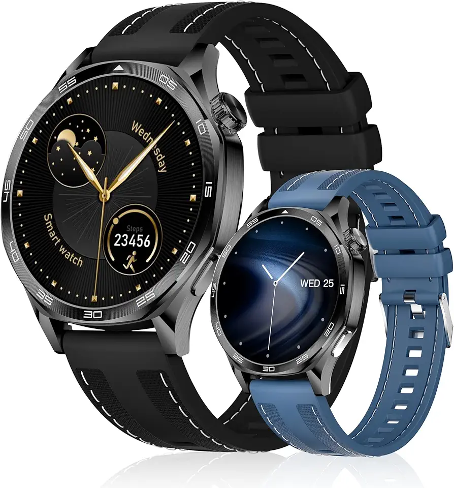 Smartwatch Relógio Inteligente com IA ChatGPT, 1.43’’ AMOLED, iOS Android, 3ATM À Prova d’Água, Monitor de Frequência Cardíaca e Sono, 100 Esportes, Inclui 2 Pulseiras (Grafite + azul)