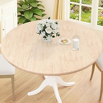 Smiry Round Picnic Tablecloth, Waterproof Elastic Fitted Table Covers for 18" - 24" Tables, Wipeable Flannel Backed Vinyl Tablecloths for Camping, Indoor, Outdoor, Beige