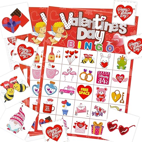 JULMELON Juegos de bingo de San Valentín, 24 jugadores de San Valentín para adultos, tarjeta de juego de bingo de San Valentín para actividades de