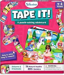 Skillmatics Puzzle Activity - Tape It Unicorns & Princesses, 150+ Easy-Tear Stickers, Art & Craft Kit, Fine Motor Skills & Travel Toy, Gift for Kids Ages 4, 5, 6, 7, 8