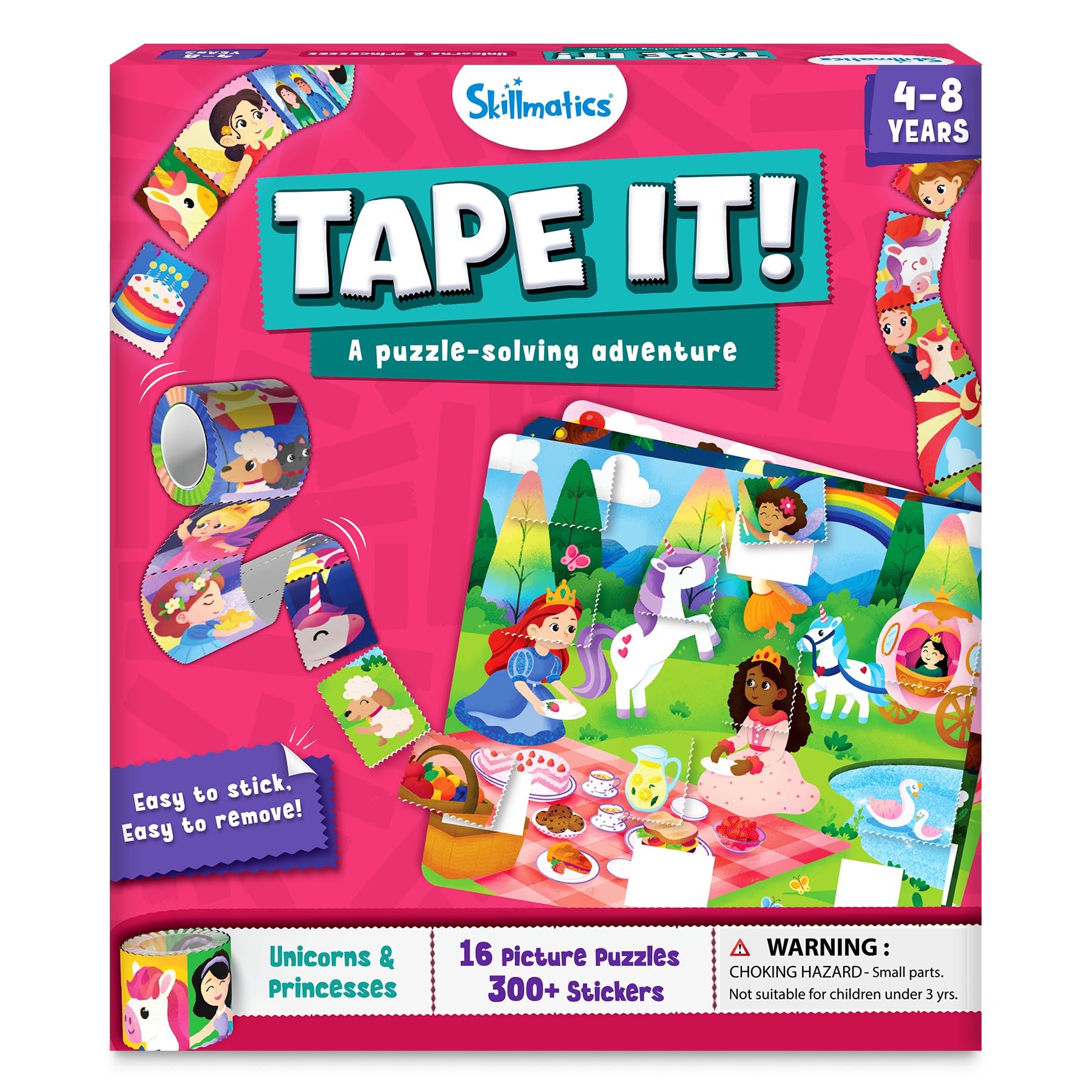 Skillmatics Puzzle Activity - Tape It Unicorn & Princess Sticker Puzzles, 300+ Easy-Tear Stickers, Art & Craft Kit, Fine Motor Skills & Travel Toy, Gift for Kids Ages 4, 5, 6, 7, 8