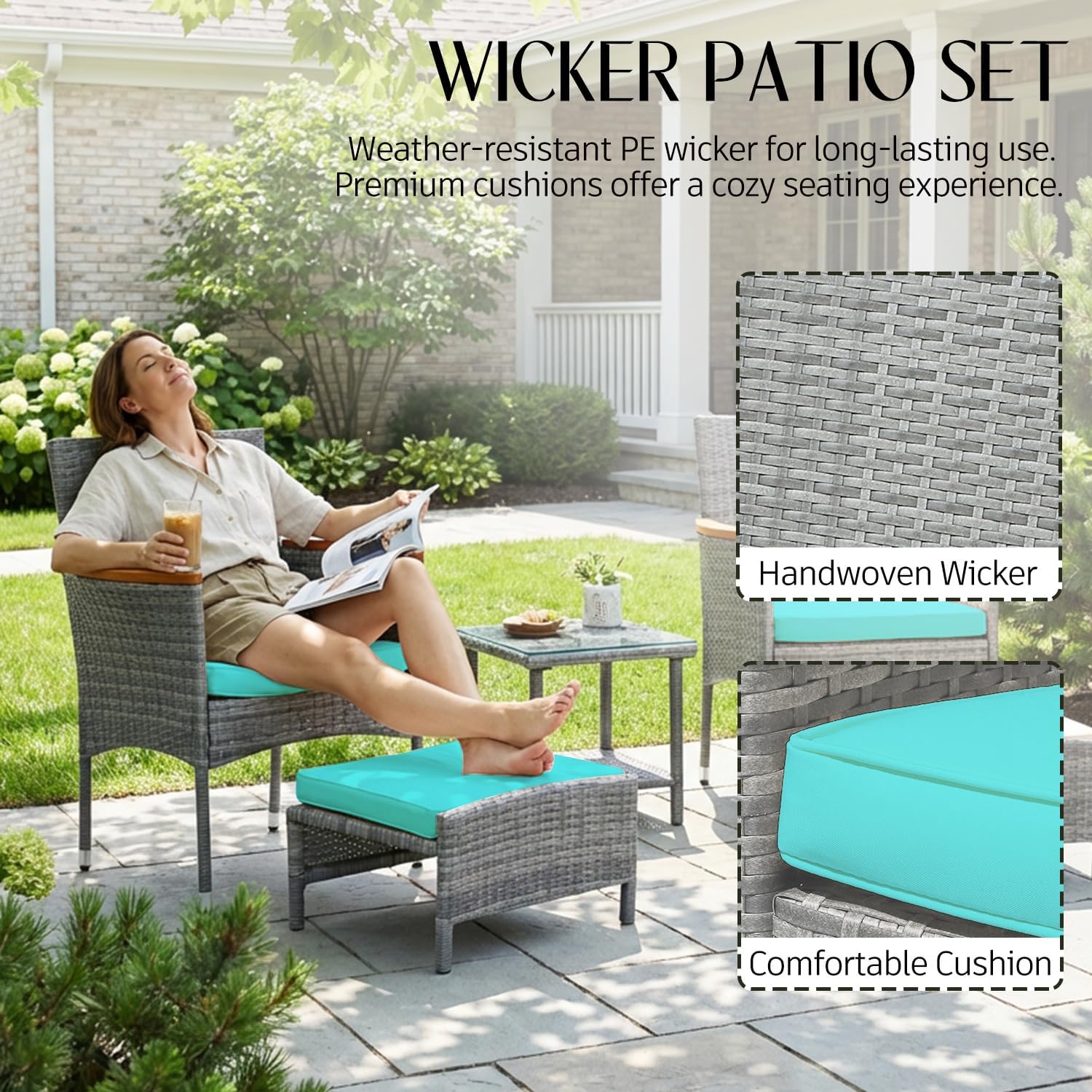 5 PCS Outdoor Patio Furniture Set with Table&Ottoman Outdoor Furniture Patio Set Bistro Wicker Patio Set (Gray Wicker&Green Cushion, 5PC - 2 Chair + 2 Ottoman + 1 Table)