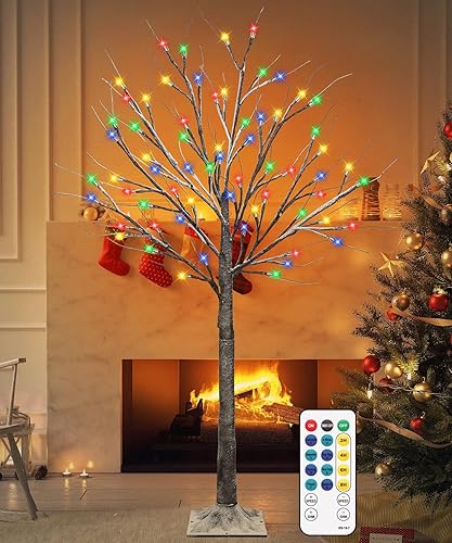 Árbol de abedul iluminado de 4 pies, árbol de Navidad marrón preiluminado con 64 luces LED multicolor, 8 modos de destello, control remoto, árbol de