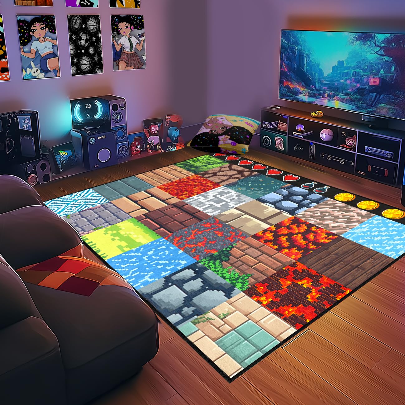 Game Room Rug - Video Game Block Theme Carpet Boys Room Decor for Bedroom Large Gaming Floor Mat Rugs for Boys Bedroom Playroom, 5'x7'