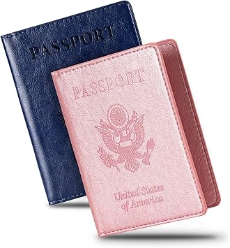 2 Pcs Passport Holders,Ultra Slim Passport Wallet for Travel Essentials | PU Leather Passport Cover for Women and Men Dark Blue & Rose Gold