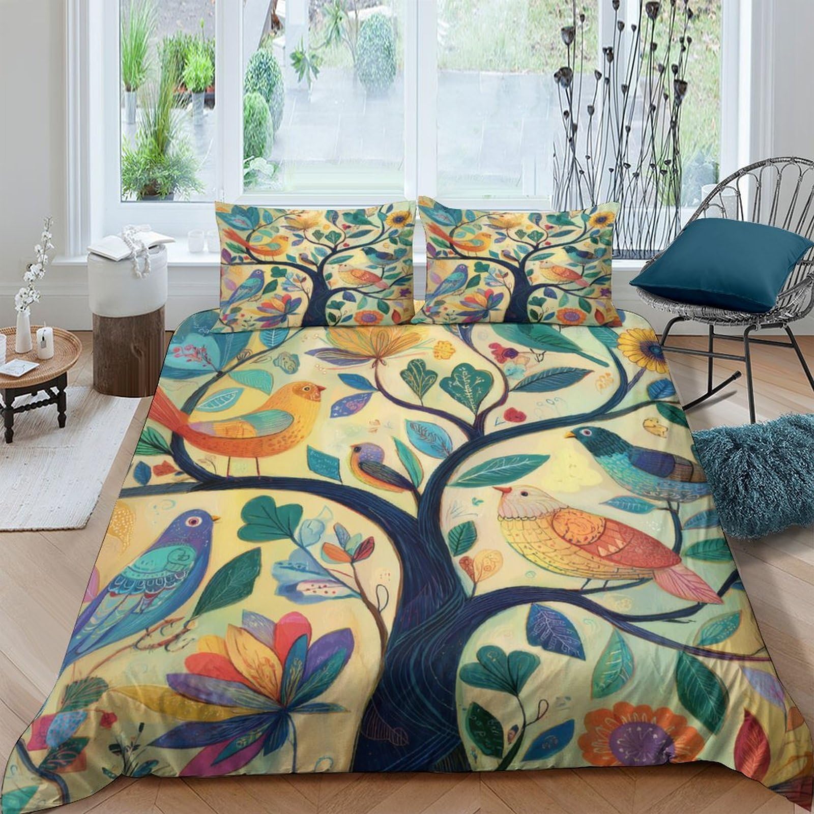 Ctjqhvkz Style-5 3D Printed Colorful Birds Tree Fitted Sheet Microfiber Soft Anti-Slip Bed Cover Artistic Bedroom Living Room Decor Single（135X200cm）