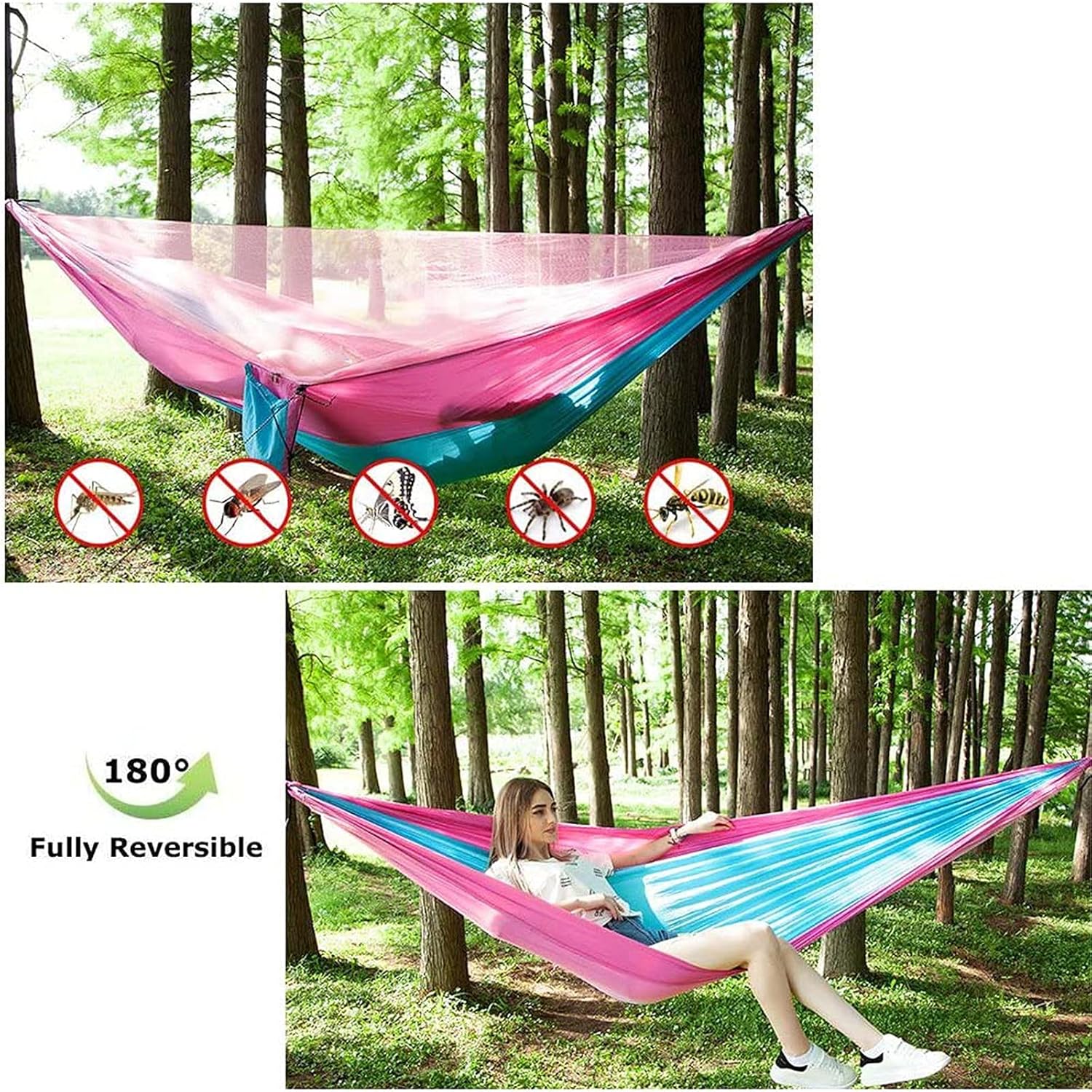 衝撃特価 ダブルキャンプハンモック、アウトドアトラベルハンモック、モスキートネット付きのキャンプハンモック、ハイキングブルー用のアンチロール