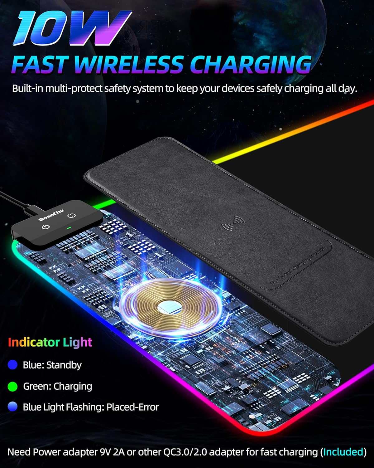 Wireless Charging RGB Gaming Mouse Pad 10W, 31.5"x11.8" Large Desk Mat, 9 Light Modes, Non-Slip Rubber Base, Waterproof Computer Keyboard Mat for Gaming