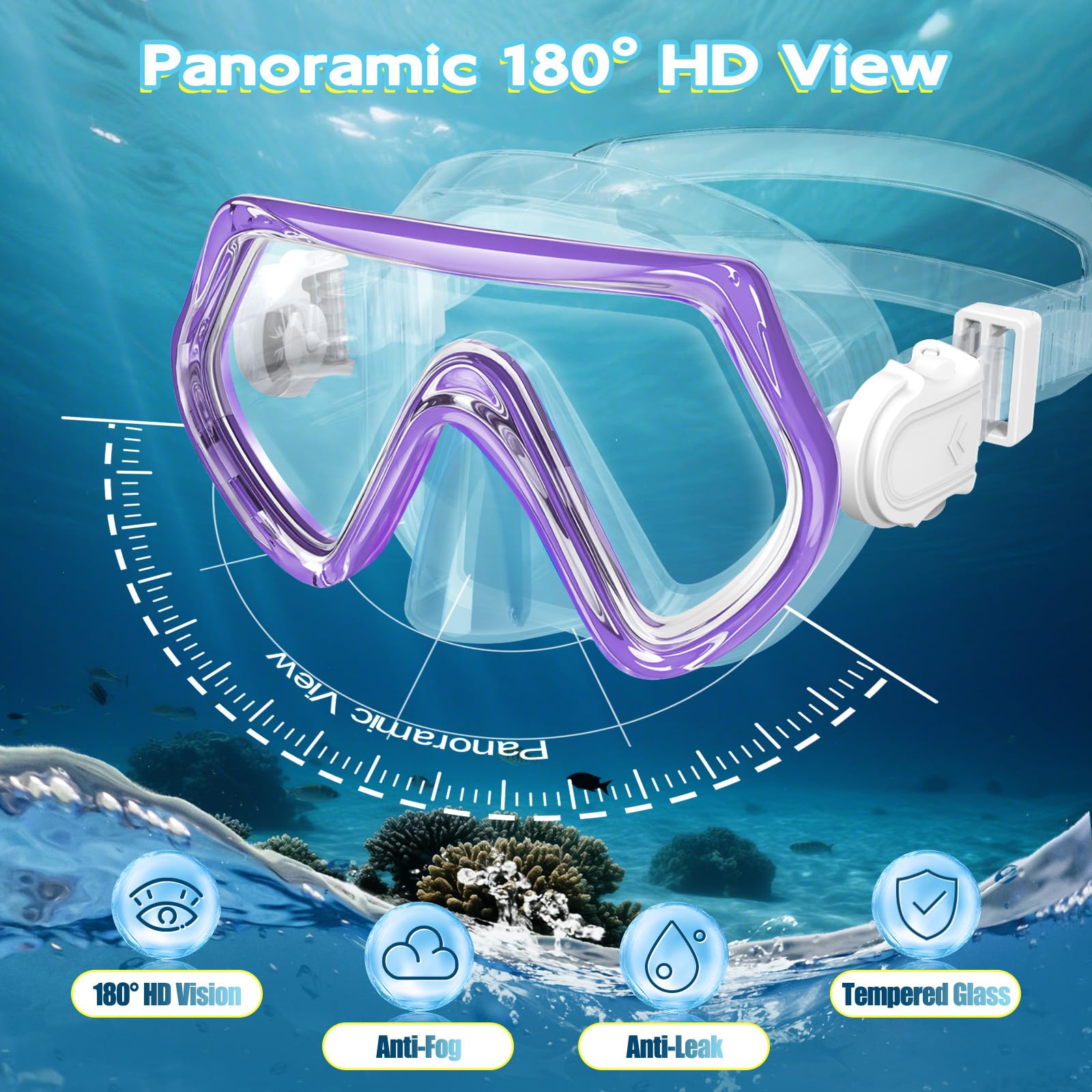 Set di snorkeling per bambini, occhiali da nuoto unisex per bambini, maschera anti-appannamento e boccaglio asciutto per bambini dai 3 ai 14 anni (viola)