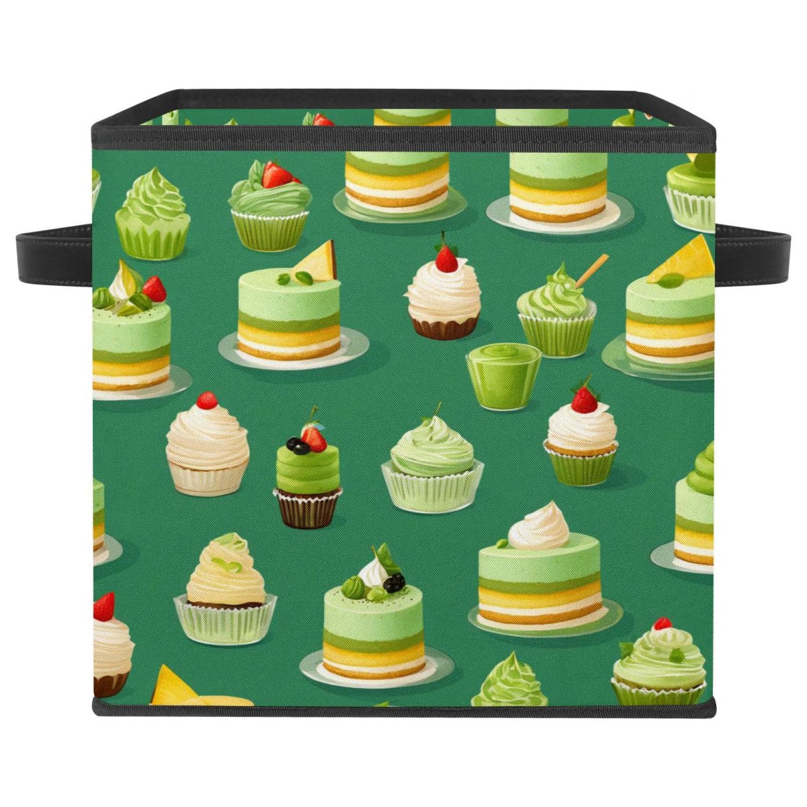 Boîte de rangement pliable motif dessert vert avec poignées en cuir pour placard