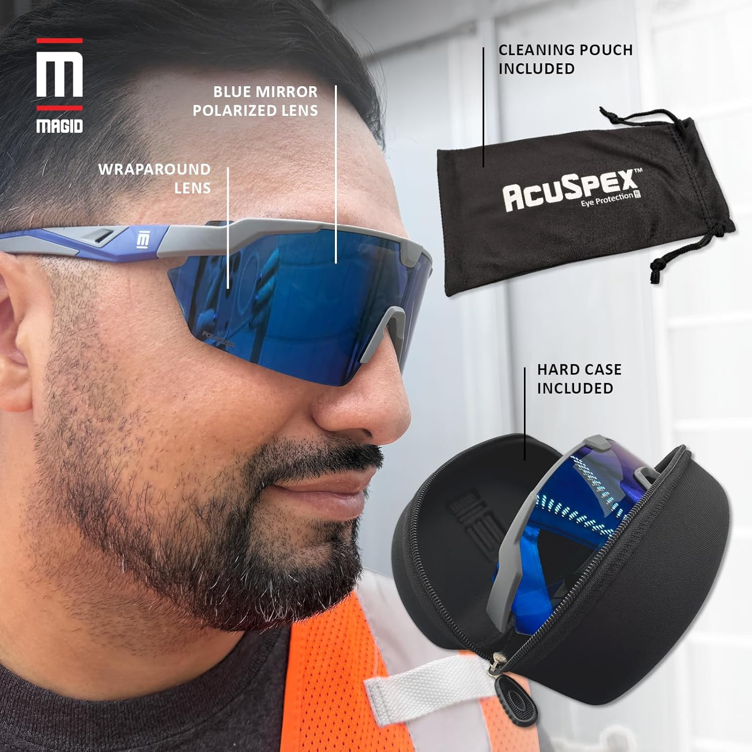 MAGID AcuSpex PA9080 Semi-Frameless Polarized Safety Glasses | 4 Pair | ANSI Z87+| Anti-Fog | Lightweight Wraparound Design | Includes Soft Cleaning Pouch & Hard Case