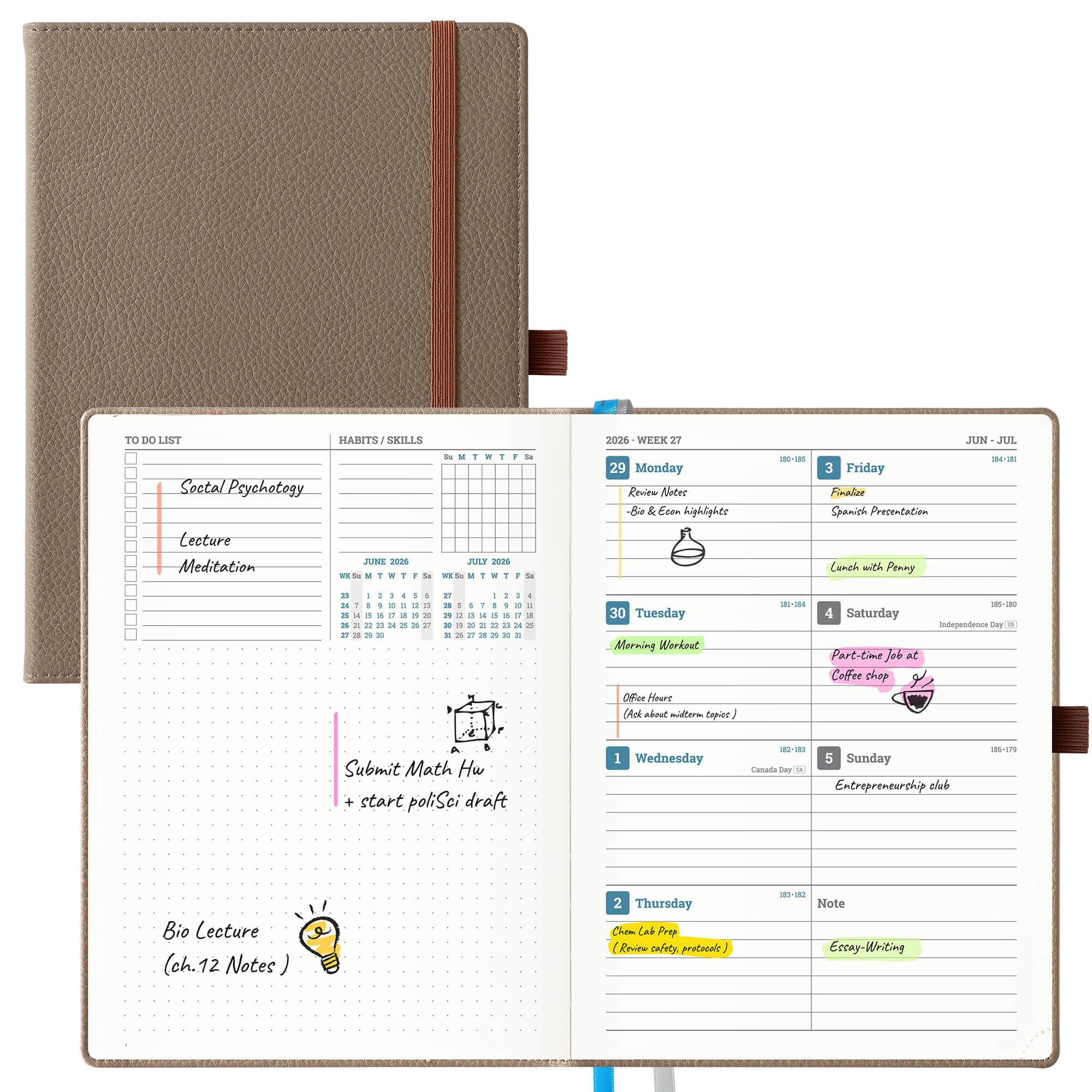 IN-LUXPRO Academic Diary 2026-2027: A5 Week to View (21.8x16.4 cm) 12 Months(Jul'26-Jun'27) Soft Cover New Layout, Weekly & Monthly Planner with Month Tabs & Inner Pocket, PU Leather Brown