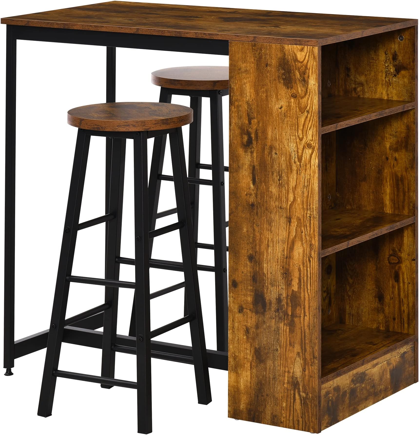 HOMCOM 3 Piece Industrial Dining Table Set, Counter Height Bar Table & Stools Set with Storage Shelf, Rustic Brown