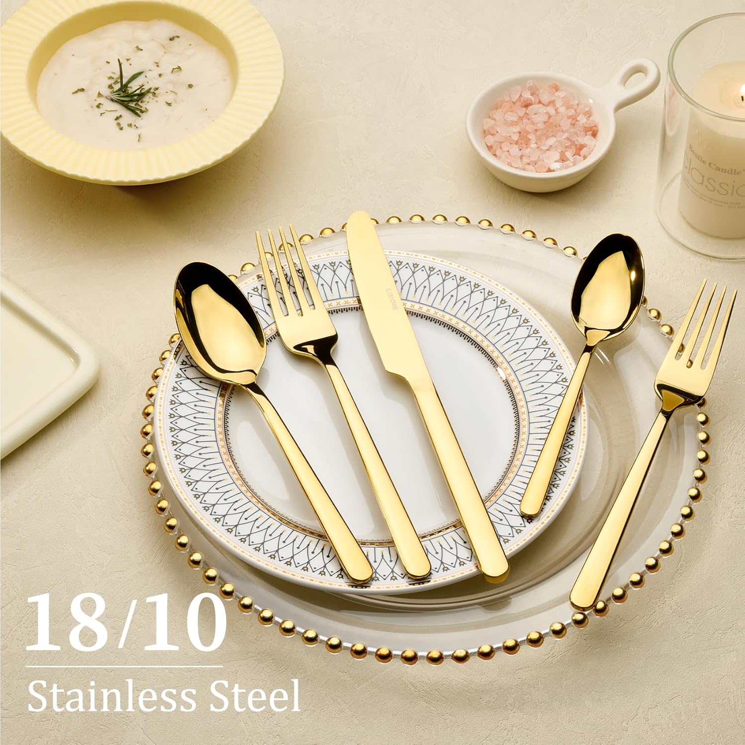 CAROTE 20 Piece Silverware Set, 18/10 Stainless Steel Utensil Set with Spoons and Forks, Flatware Sets for 4, Mirror Finish Cutlery Set for Home and Kitchen, Dishwasher Safe, Gold