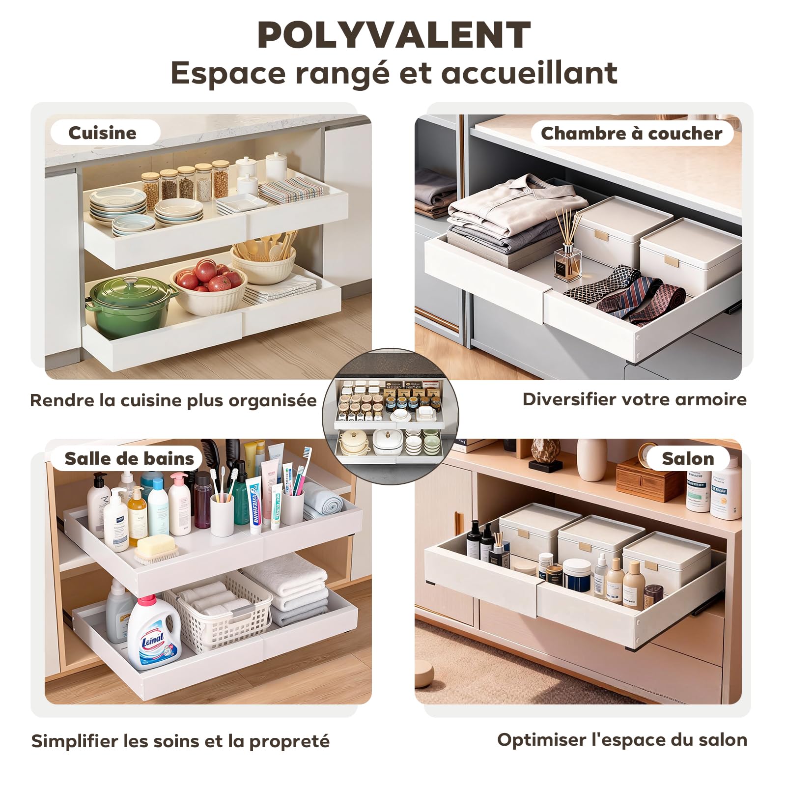 Lot de 2 Organisateur de Placard Extensible Blanc – Largeur Réglable 32-53 cm, Profondeur 42 cm – Tiroir Coulissant Adhésif pour Cuisine, Sans Perçage