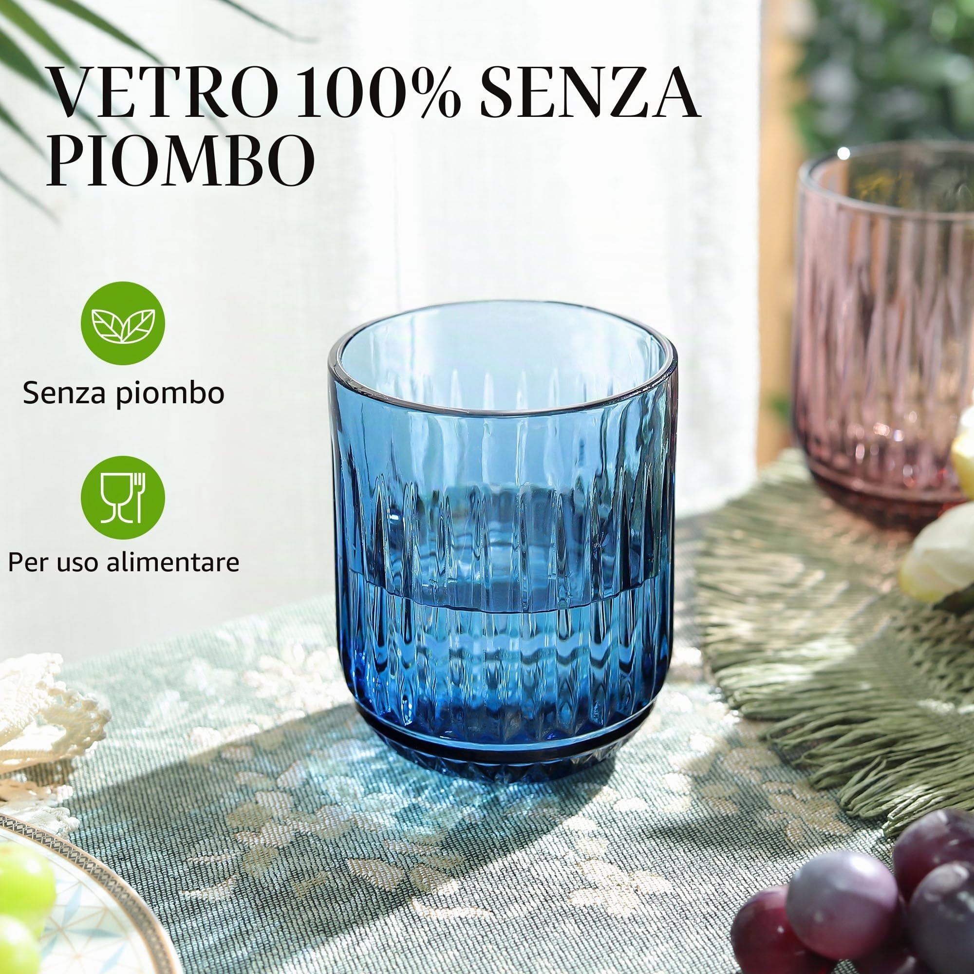 Joeyan 26cl Multicolore Bicchieri da Acqua in Vetro, Set di 4 Tumbler con Costolature Rilievo Per Acqua Gassata,Aperitivo,Succo di Frutta e Bibite, Lavabile in Lavastoviglie (Verde Rosa Blu Grigio)