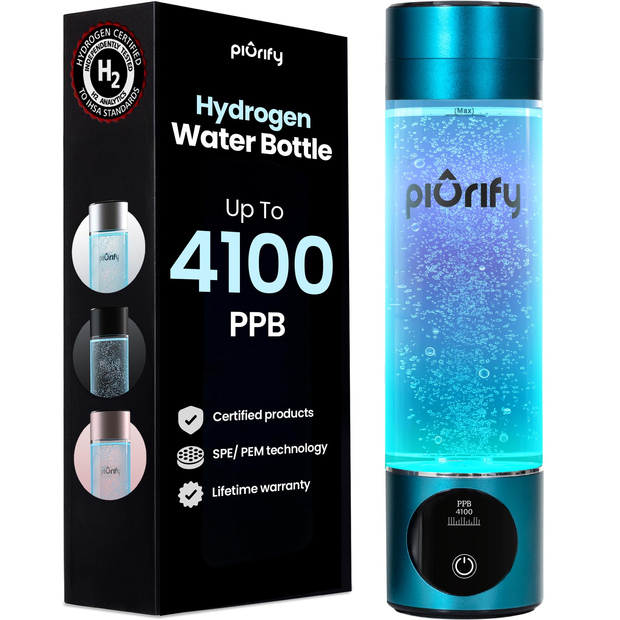 Hydrogen Water Bottle - Turquoise. Food Grade Body Tumbler; SPE/pem Technology, Generates Real 3000ppb Pure Hydrogen Rich Concentration. Dupont Membrane, Purification Vent, OLED Display.
