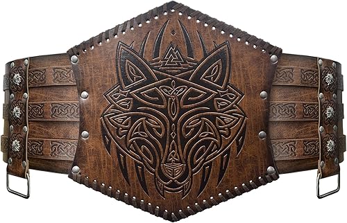 Miniatura 2 de HiiFeuer Viking - Armadura de cintura en relieve, cinturón ancho de piel sintética nórdica, cinturón de corsé medieval de caballero para disfraz LARP