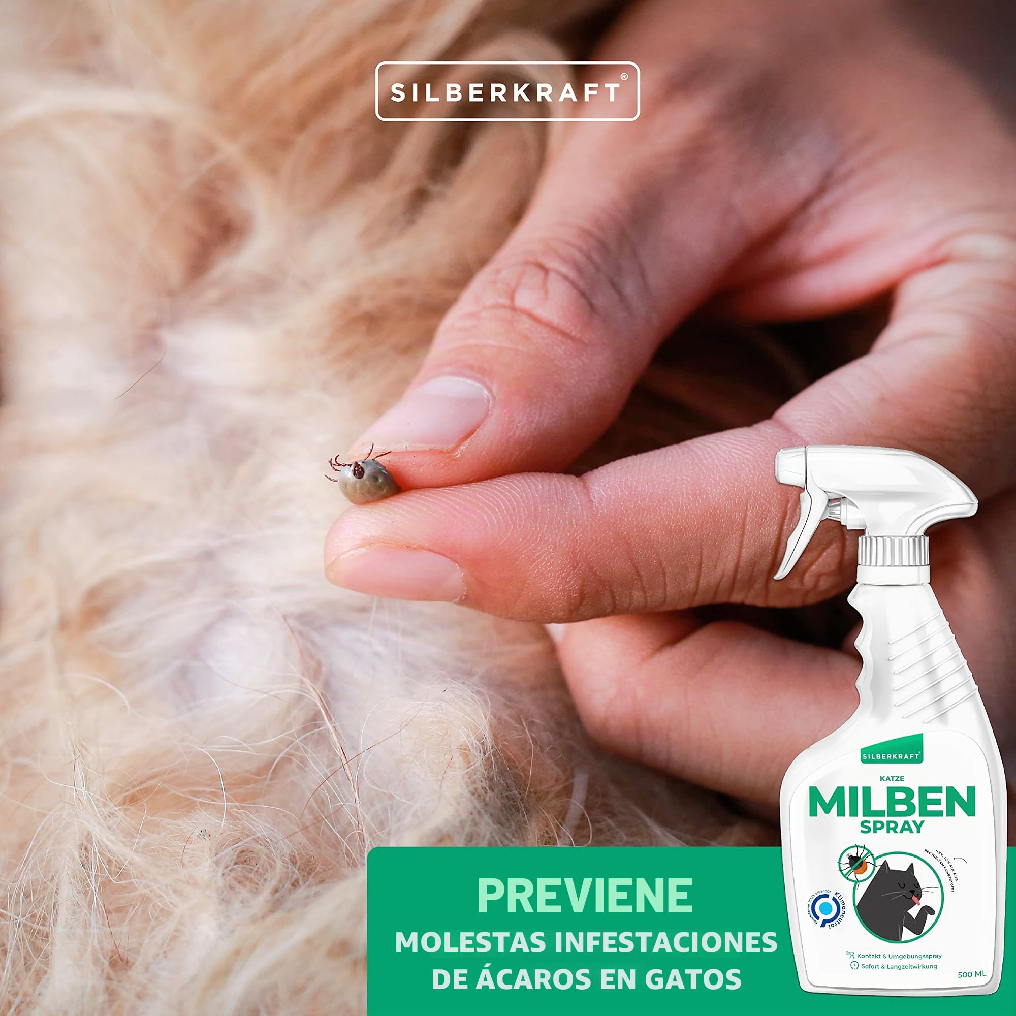 Silberkraft Spray antiácaros para gatos, 500 ml, eficaz antiácaros, para tratar los ácaros del oído, ácaros del gato