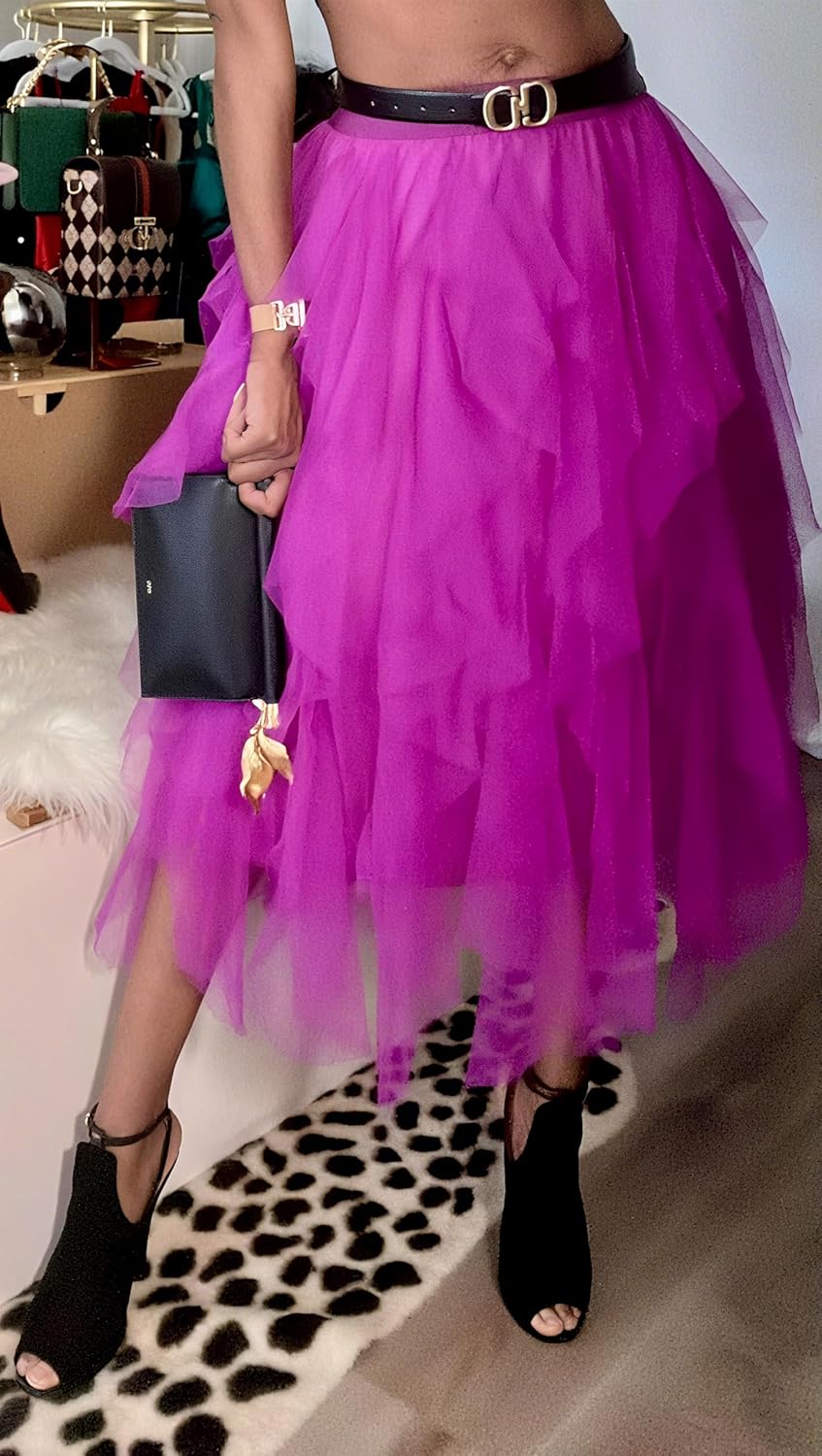 Tulle Skirts for Women A Line Fairy Tiered Skirt Midi Length High Elastic Waist Long Skirt - Image 3