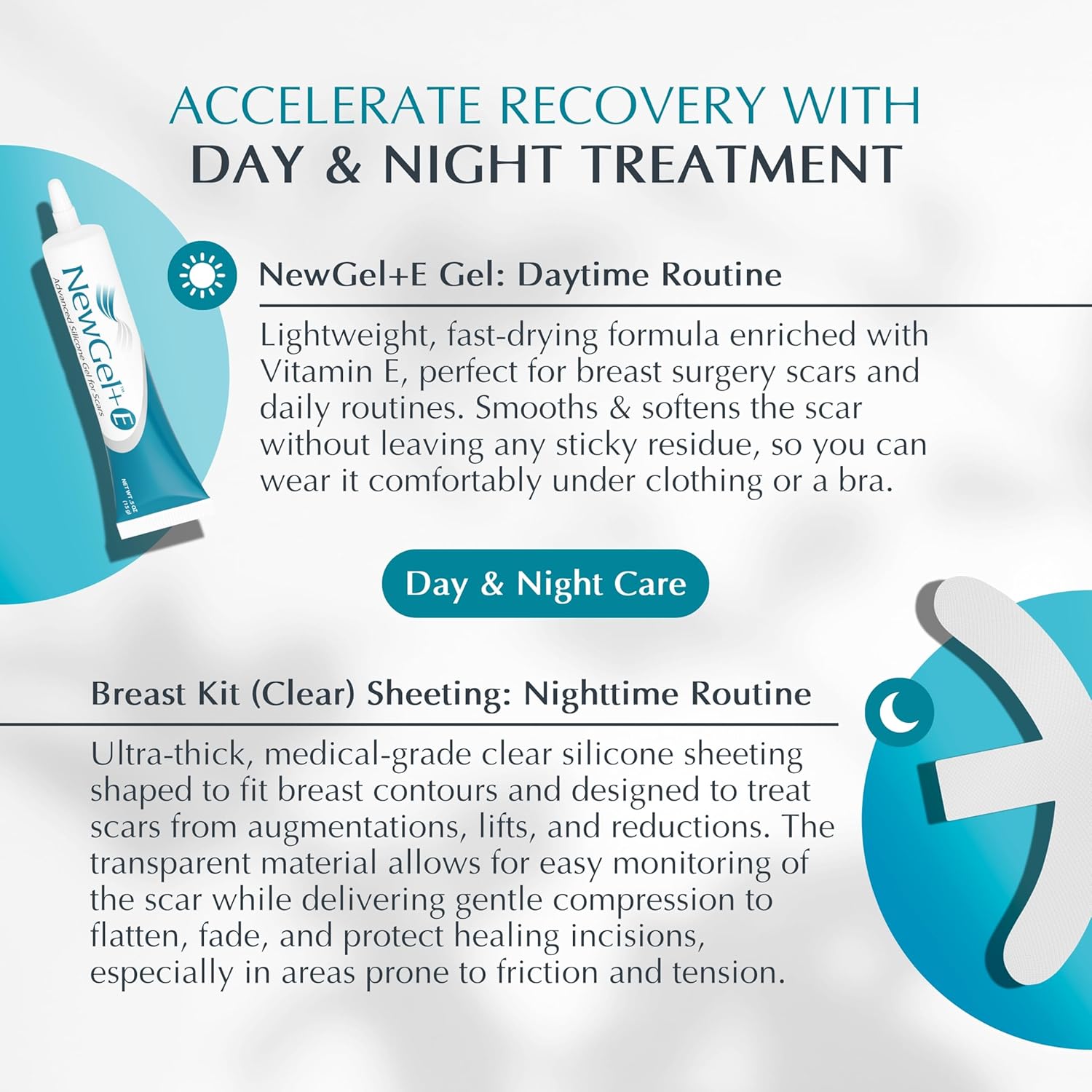 NewGel Plus by MyNewGel Breast Scar Care Bundle, Scar Gel with Vitamin E for Day + Ultra Thick Silicone Sheeting (CLEAR) for Night, All Day Treatment