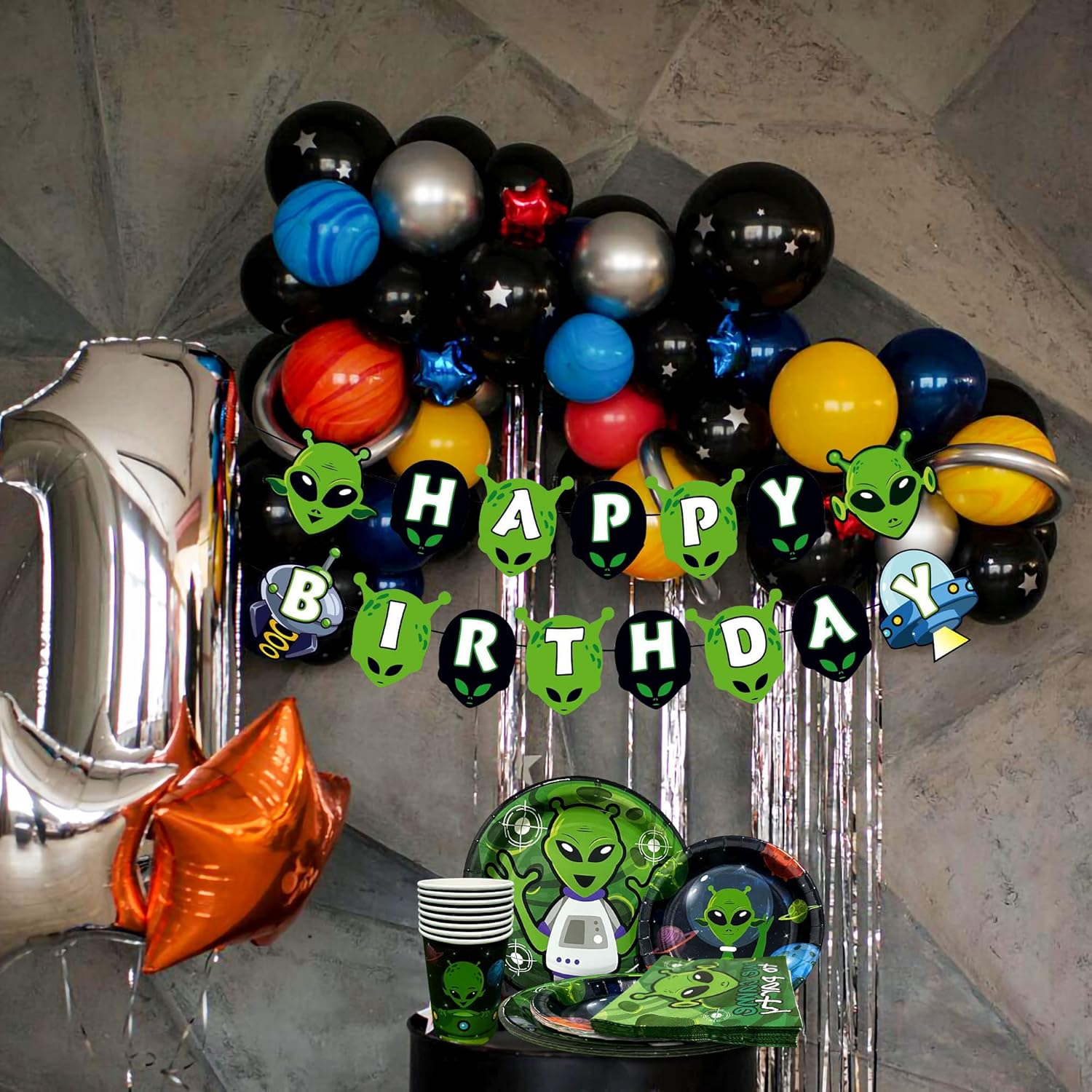 LaVenty Alien Theme Birthday Decoration Alien Prop Outer Space Party Decorations Alien Banner UFO Theme Birthday Party Supplies
