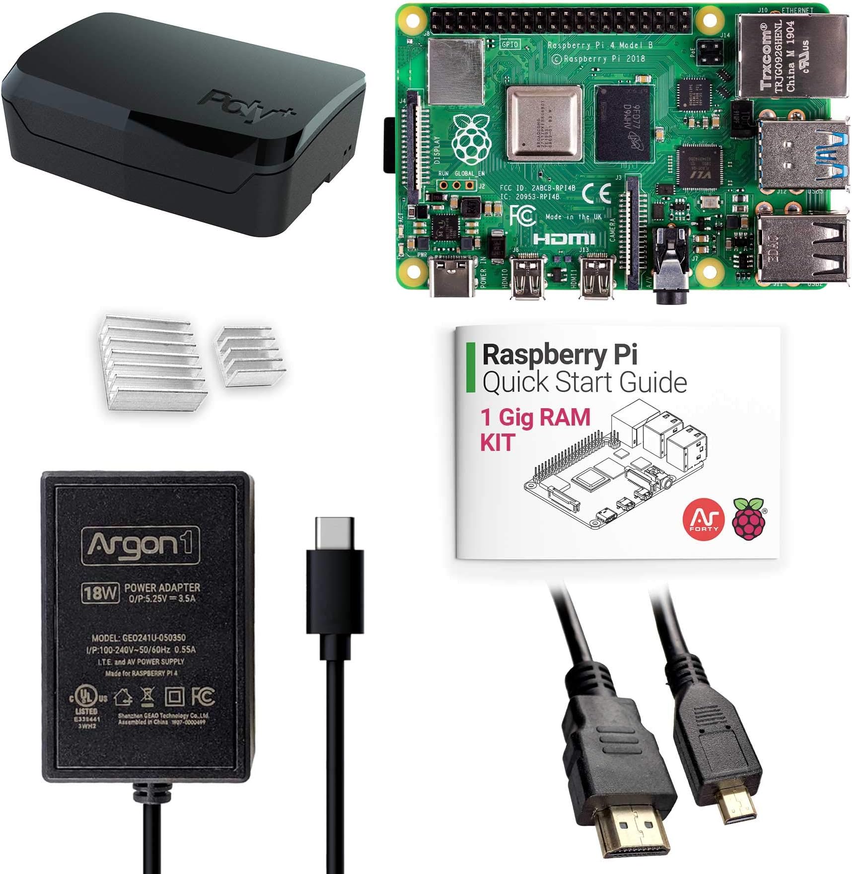 Argon x Raspberry Pi 4 Kit (1 Gig) | Argon Poly+ Raspberry Pi 4 Case | Includes Micro HDMI to HDMI Cable, Type-C Power Supply, and Quick Start Guide for Raspberry Pi 4